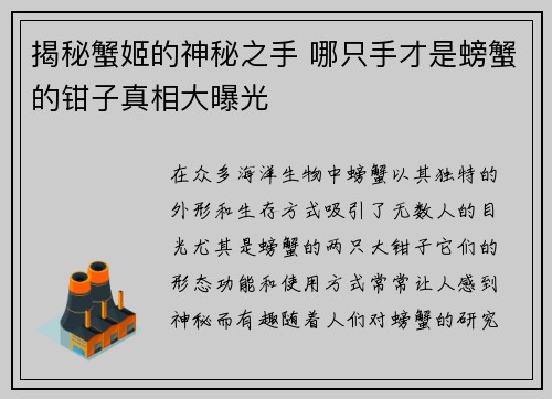 揭秘蟹姬的神秘之手 哪只手才是螃蟹的钳子真相大曝光 揭秘蟹姬的神秘之手 哪只手才是螃蟹的钳子真相大曝光